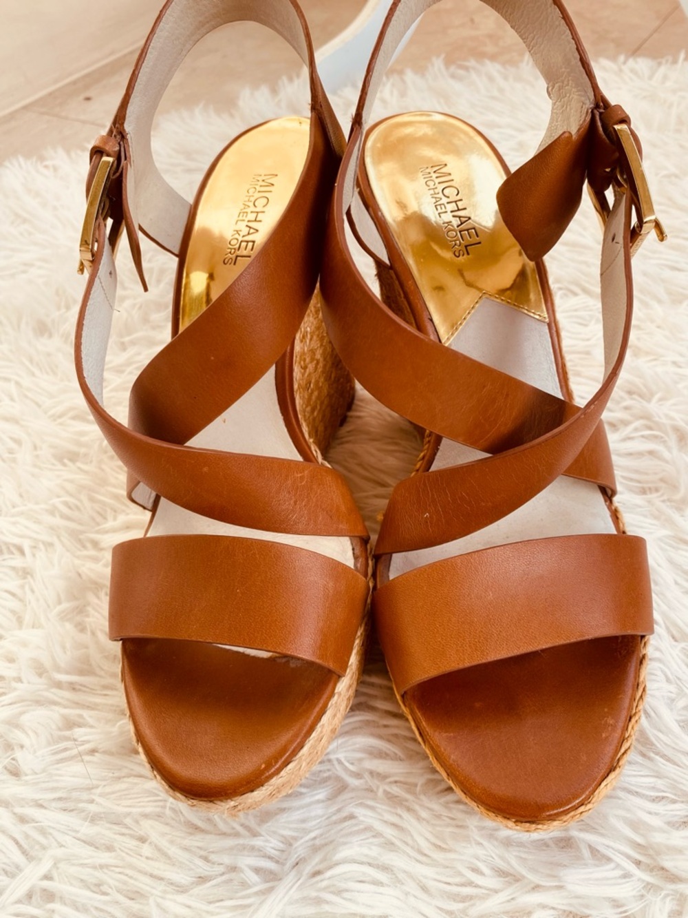 Michael Kors Wedge Sandals 9.5 Cognac Leather Espadrille Platform - Picture 7 of 10